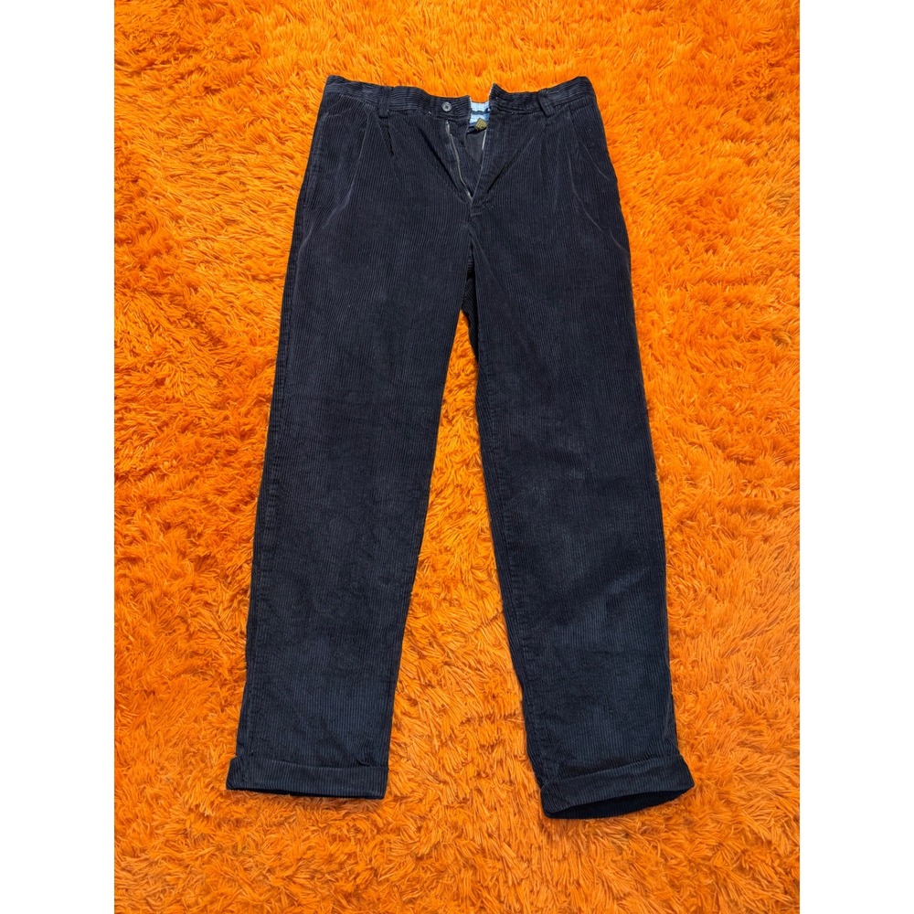 Navy Blue Wide Wale Corduroy Pleated Pants Straight Leg Cuffed Mens Trousers
